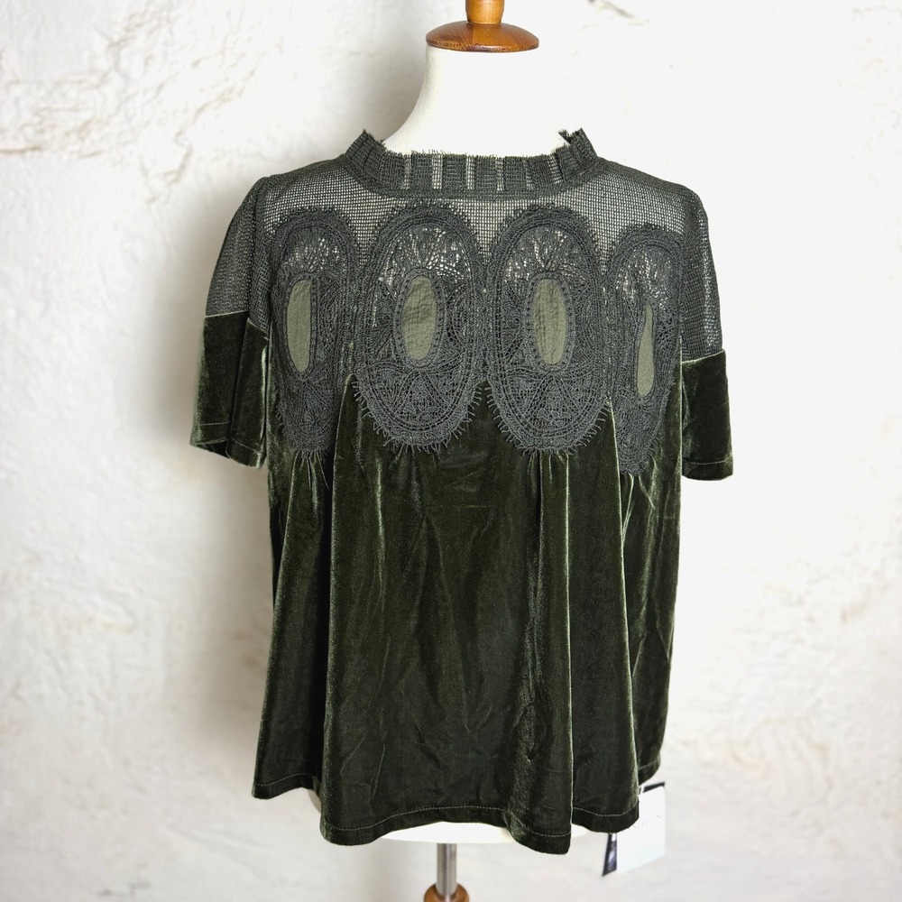 NWT Womens Velvet Babydoll Top M Olive Green Mesh Lace Short Sleeve Boho Cottage